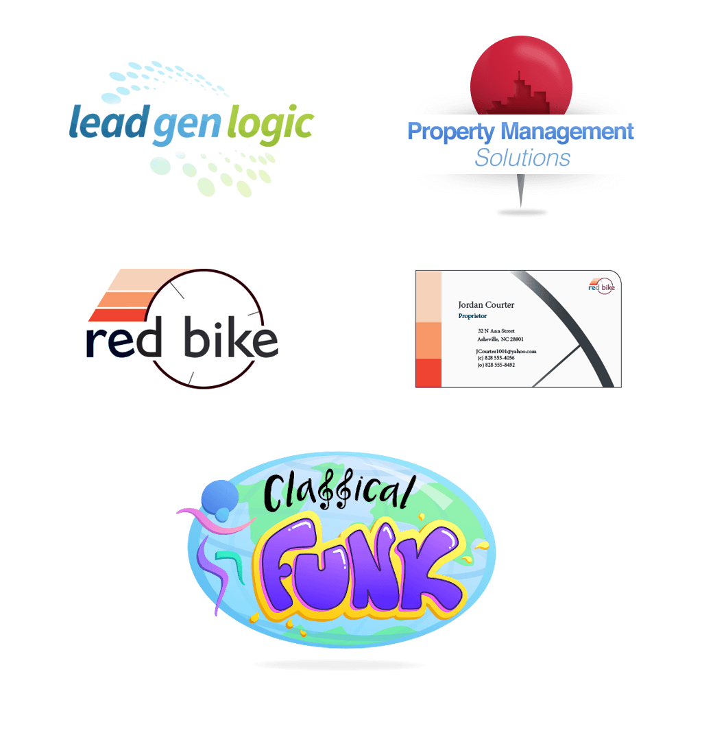 2 logo designs, one - green universe swirl, and two - red map pin with text banner in front