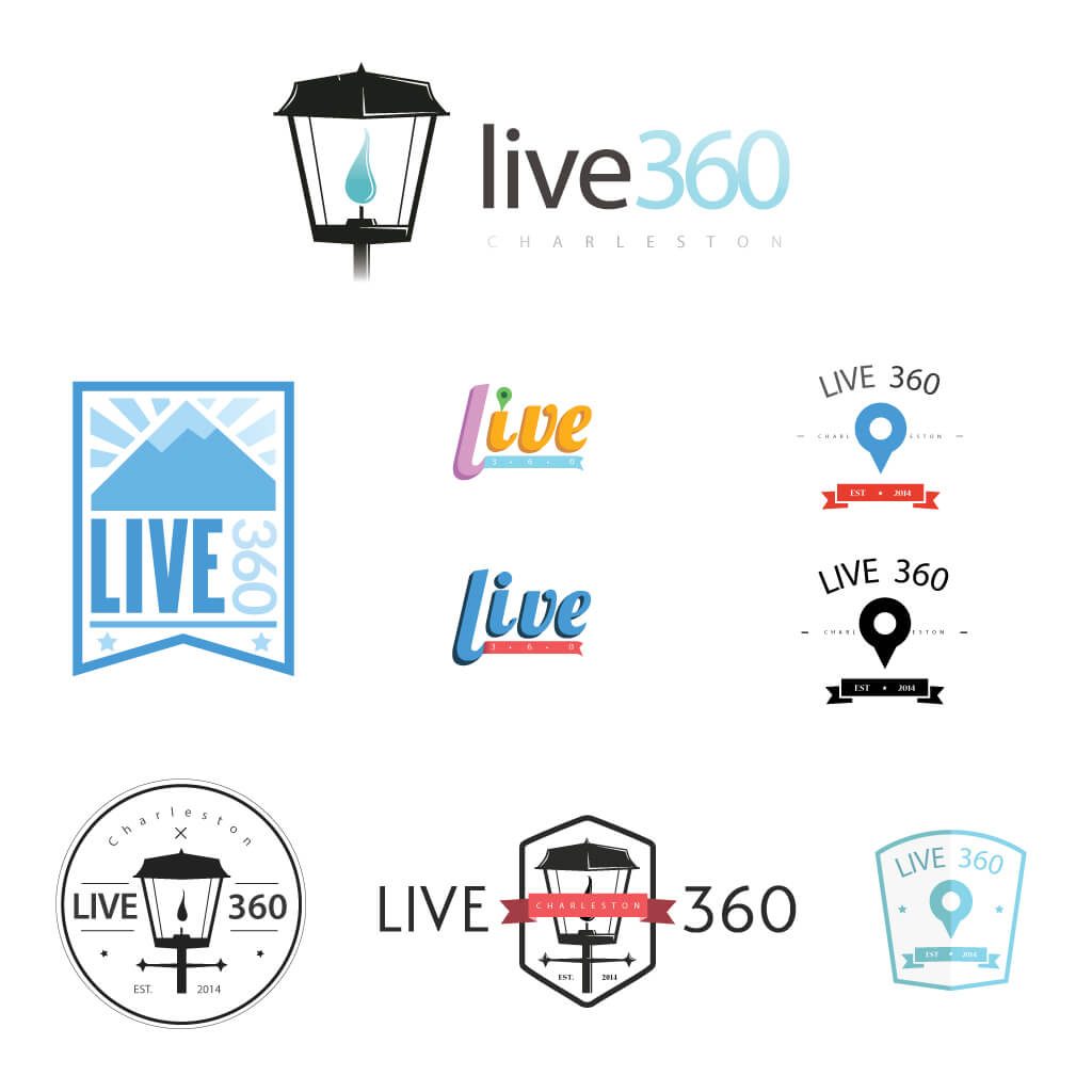 Logo sample sheet of various styles and colours centering around "live" and "360"